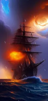 Dramatic ship sailing under a fiery stormy sky.