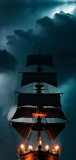 Dramatic ship sails through a stormy night sky, illuminated by glowing lights.