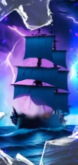 Mystical ship sailing through a stormy night with blue and purple lightning.