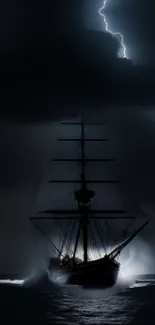 A ghostly ship sails through a stormy, lightning-lit sea at night.