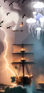 Ship at sea with lightning and glowing jellyfish.