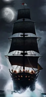 Majestic ship sailing through stormy ocean under a moody moonlit sky.