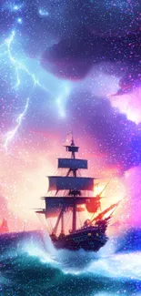 A mystical ship sails through stormy seas under cosmic skies.