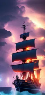 Mystical ship sailing in a dramatic storm with purple lightning and clouds.