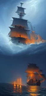 Fiery ships sailing through stormy, dark blue seas under a mystical sky.