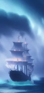 A mystical ship sails through stormy, ethereal seas under a glowing night sky.