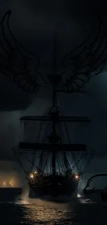 A mystical ship navigating stormy seas at night.