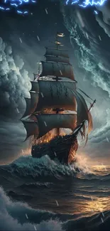 A ship navigating through a stormy ocean with dramatic skies.