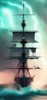 A sailing ship illuminated by lightning in stormy turquoise waters.