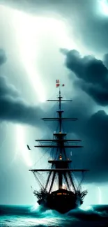 Dark ship sails through stormy seas under dramatic teal skies.