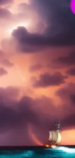 A ship sails through a vibrant thunderstorm beneath dark clouds with a purple emoji.