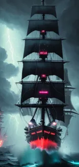 Mystical ship sails through stormy, dark ocean with lightning in the background.