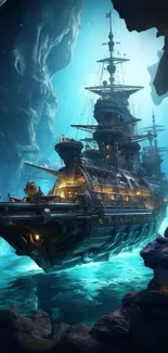 Mystical ship in an underwater cavern with glowing azure waters.