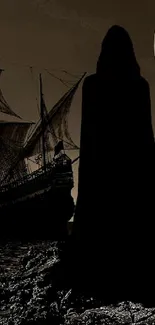 Ship under full moon at rocky shore with mysterious figure in sepia tones.