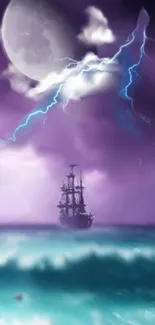 A mystical ship sails under a lightning-filled, moonlit sky on the ocean.