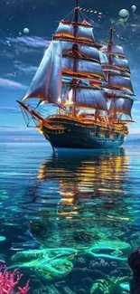 Mystical ship sailing on calm, starry waters.