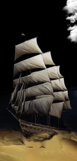 Majestic ship sailing on desert sands under a black sky with clouds.