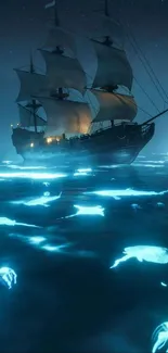 Mystical ship sails on glowing bioluminescent sea under a starry night.