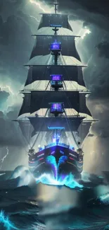 Majestic ship sailing through a stormy ocean with lightning in the background.