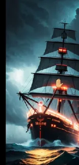 Majestic ship navigating through stormy seas with dramatic lighting.