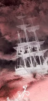 Ghostly white ship framed by pink clouds and misty seascape.