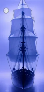 Mystical blue ship silhouette under a moonlit night.