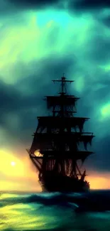 Mystical ship silhouette with ocean and dramatic sky at sunset.