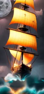 Ship with orange sails under a full moon and stormy sky.