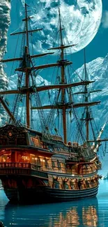 Mystical ship sailing under a full moon with rugged cliffs.