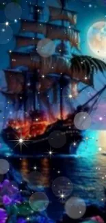 Mystical ship sails under a glowing moon.