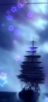 Mystical ship sailing under a starry, glowing night sky.