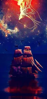 Mystical ship sailing under a starry and colorful night sky.