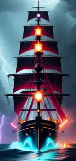 Mystical ship sailing in a stormy sea with lightning and vibrant illumination.