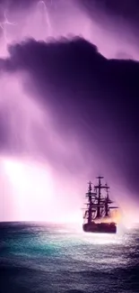 Mystical ship sailing under a stormy purple sky.