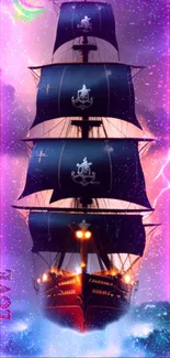 Tall ship sails through a cosmic ocean with neon lights and starry sky.