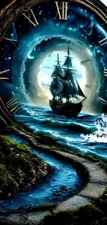 Mystical ship sailing through a surreal ocean scape with an ancient clock.