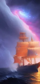 A ship sailing under a colorful twilight sky in fantasy artwork.