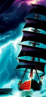 Majestic ship in stormy sea with lightning and waves as phone wallpaper art.