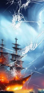 Dynamic phone wallpaper with pirate ship and cracked glass.