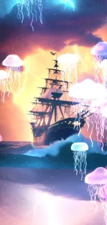 Magic ship sails through glowing jellyfish in a dreamlike ocean scene.