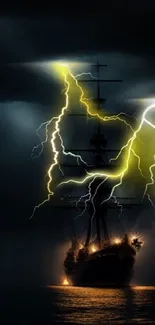 Ship at sea with yellow lightning illuminating the night sky.