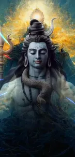 Mystical depiction of Shiva with vibrant colors and spiritual aura.