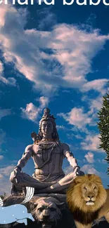 Lord Shiva statue with a unicorn and lion under a blue sky.