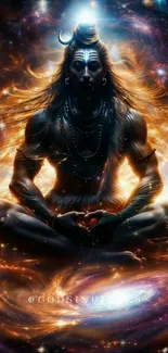 Mystical depiction of Lord Shiva in a cosmic realm glowing with divine energy.