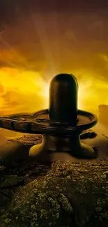 Mobile wallpaper featuring a glowing Shiva Linga against a golden sunset.