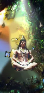 Shiva meditating in a mystical forest setting.