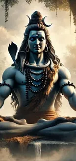 Artistic depiction of Lord Shiva meditating with a serene backdrop.