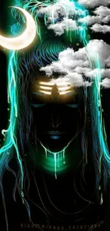 Mystical Shiva with moon in blue-green hues and cloud accents.