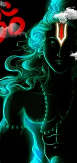 Shiva neon art wallpaper with Om symbol and clouds.