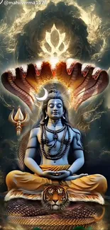 Lord Shiva meditating under cosmic sky with snakes and tiger.